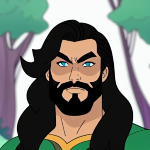 Perfectly-centered portrait-photograph of jason momoa in a forest, dwspop style